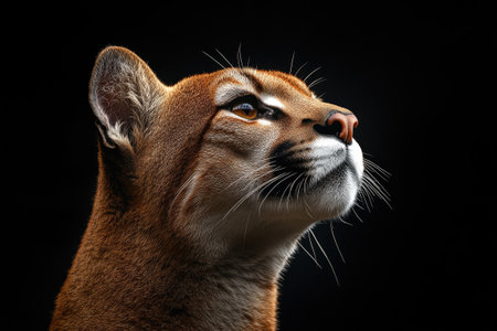 Close-up portrait of a puma looking away from the camera with a black backgroundの素材