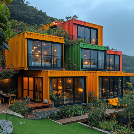 Colorful and contemporary home built with shipping containers, featuring large windows and a lush tropical gardenの素材