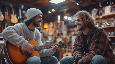 Guitarist and salesman choosing a vintage electric guitar in a music storeの素材