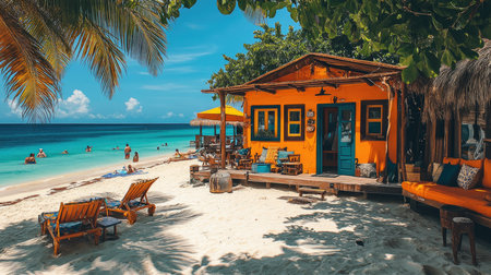 Tourists are enjoying a sunny day on a tropical island with a bright yellow bungalowの素材