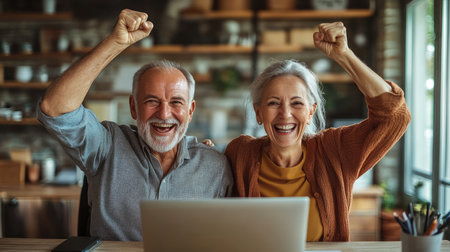 Excited senior couple is raising their arms in the air and laughing while using a laptop at homeの素材