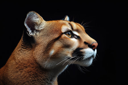 Close-up portrait of a puma looking away from the camera with a black backgroundの素材