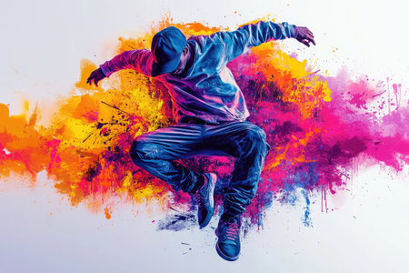 Young urban dancer is performing a jump in the air with a colorful city backgroundの素材