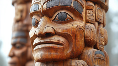 Tall wooden totem pole with intricate carvings standing in a modern interior design settingの素材