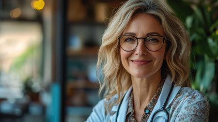 Female doctor with long gray hair and glasses is wearing a white coat and stethoscopeの素材