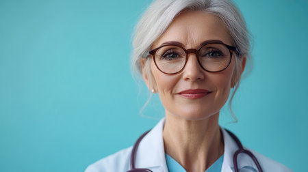 Female doctor with long gray hair and glasses is wearing a white coat and stethoscopeの素材