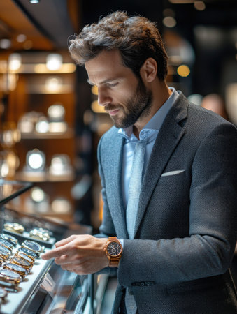 Jewelry store salesman is showing expensive watches to a female customerの素材