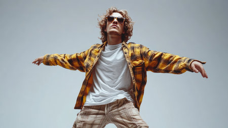 Young man with long hair is dancing wearing a beanie, sunglasses, an orange jacket, and ripped jeansの素材