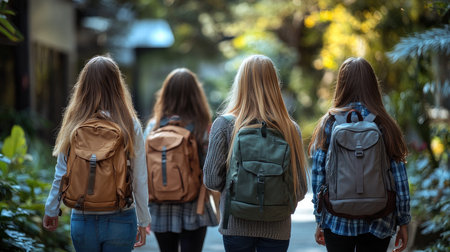 Four young women with backpacks are enjoying a summer day walking away on a countryside roadの素材