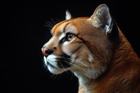 Close-up portrait of a puma looking away from the camera with a black backgroundの素材