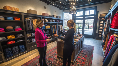 Saleswoman is helping a customer choosing clothes in a boutique with wooden furnitureの素材