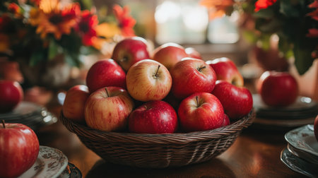 Wicker basket overflowing with freshly picked apples bathed in warm sunlight streaming through a nearby windowの素材