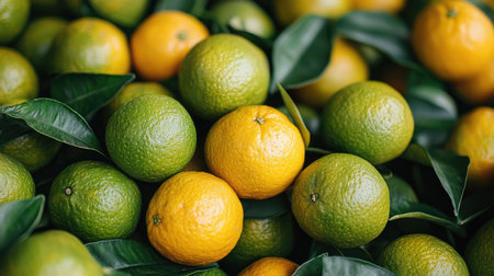 Fresh green tangerines covered with water drops are piled on top of each otherの素材