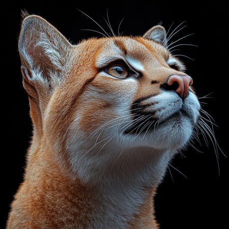 Close-up portrait of a puma looking away from the camera with a black backgroundの素材