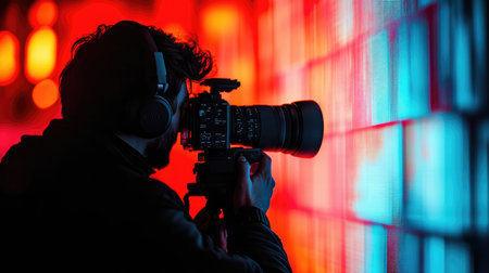 Silhouette of a professional videographer recording a video in a dark room with bright backlightの素材