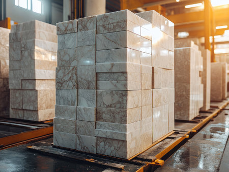 Large marble blocks are stacked inside a stone cutting factory's storage room, ready for processingの素材
