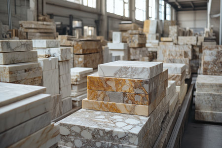 Large marble blocks are stacked inside a stone cutting factory's storage room, ready for processingの素材