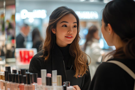 Beautiful young woman is choosing cosmetics in a beauty shop, holding a bottle and reading the labelの素材