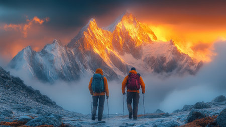 Two hikers are reaching the top of a mountain after a long walk on a challenging trailの素材