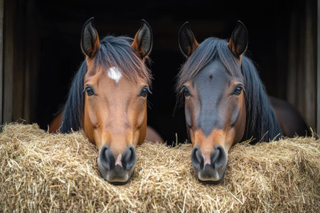 Two brown horses eating hay in a stable, enjoying a well-deserved meal after a long dayの素材