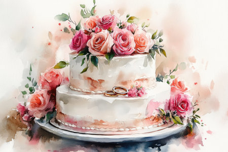 Delicious white wedding cake decorated with pink roses and golden rings in a watercolor painting styleの素材