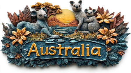 This colorful sign features three koalas enjoying a beautiful sunset in the Australian outbackの素材
