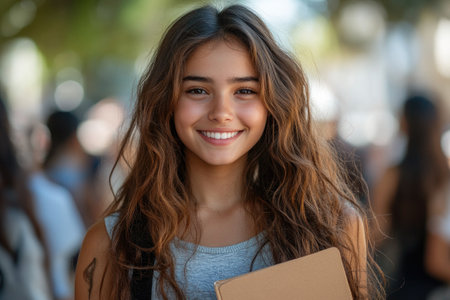Beautiful young student girl is smiling while holding books on a busy streetの素材