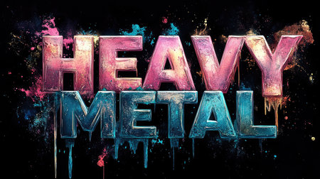 Colorful text graphic design reading heavy metal with dripping wet paint effectの素材