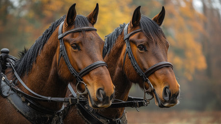 Two brown horses wearing harnesses standing on a farm, ready for workの素材