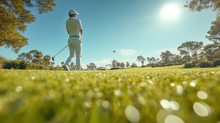 Golfer is walking on a lush green golf course on a sunny day, about to take his shotの素材