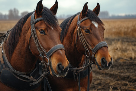 Two brown horses wearing harnesses standing on a farm, ready for workの素材