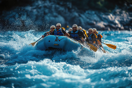 Group of friends wearing helmets and life jackets are rafting in a river, paddling through rapids and smilingの素材