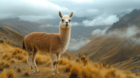 Ilama are standing on a mountain pasture with a snowcapped peak in the background on a partly cloudy dayの素材