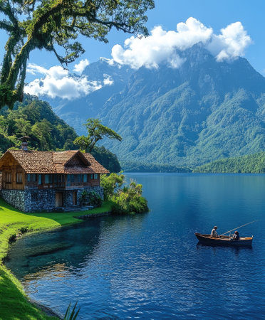 Couple is enjoying a peaceful day fishing on a serene mountain lake with a charming stone cottage nestled on the shoreの素材