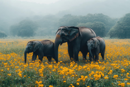 Family of elephants standing in a field with mountains in the backgroundの素材