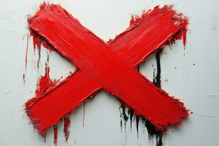 Red paint forming a cross shape on a white canvas background, creating a powerful abstract imageの素材
