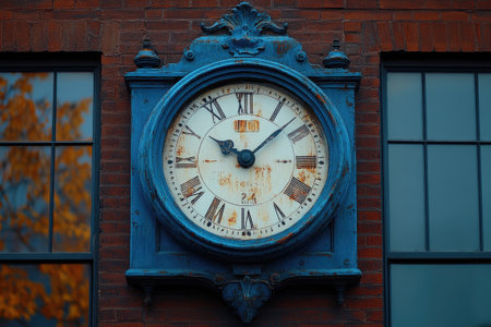 Old, weathered clock is hanging on a brick wall, showing the passage of timeの素材