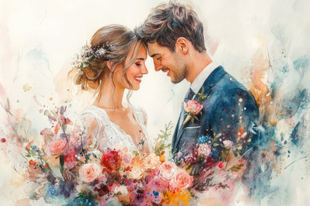 Watercolor painting of a bride and groom embracing, surrounded by pink flowers, on their wedding dayの素材