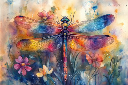 Watercolor painting of a colorful dragonfly resting with open wings on a floral backgroundの素材
