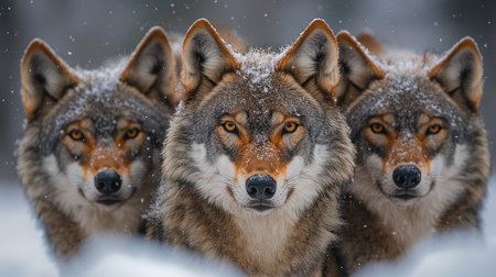Majestic alpha male gray wolf leads his pack through a snowy forestの素材
