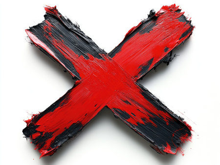 Red paint forming a cross shape on a white canvas background, creating a powerful abstract imageの素材