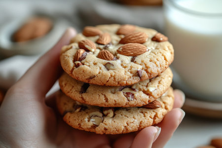 Delicious and crunchy almond cookies are stacked high on a plate, ready to be enjoyedの素材