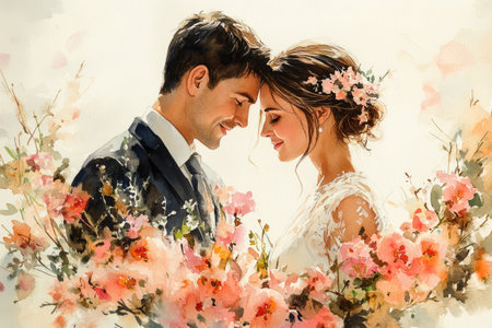 Watercolor painting of a bride and groom embracing, surrounded by pink flowers, on their wedding dayの素材