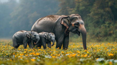 Family of elephants standing in a field with mountains in the backgroundの素材