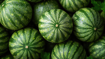 Watermelons forming a background of fresh green striped watermelon fruitsの素材