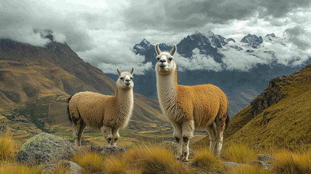 Two llamas are standing on a mountain pasture with a snowcapped peak in the background on a partly cloudy dayの素材