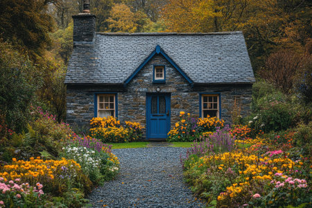 Charming stone cottage with a blue door is nestled in a lush garden bursting with colorful flowersの素材