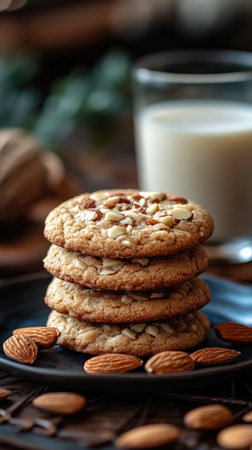 Delicious and crunchy almond cookies are stacked high on a plate, ready to be enjoyedの素材