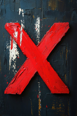 Red paint forming a cross shape on a black canvas background, creating a powerful abstract imageの素材