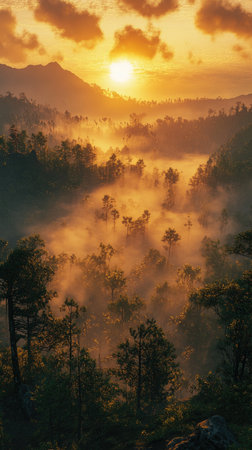 Golden misty sunrise illuminating a valley of pine trees and mountain peaksの素材